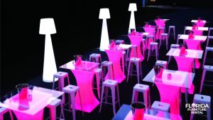 Corporate Fourth of July party lounge furniture rental setup in Sarasota Florida with modern seating and patriotic event decor.