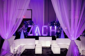 Luxury event furniture rental in Sarasota featuring modern white lounge seating and LED glow furniture for corporate and wedding events